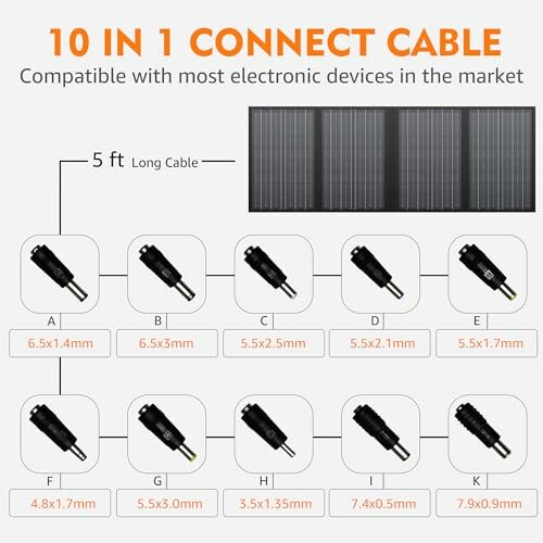 Diagram of a 10-in-1 connect cable with various adapter sizes.