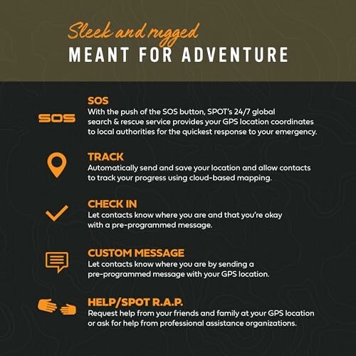 Infographic on adventure communication features: SOS, Track, Check In, Custom Message, Help/Spot R.A.P.