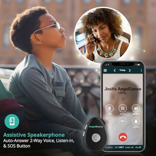 Child using assistive speakerphone with phone interface and woman on call.