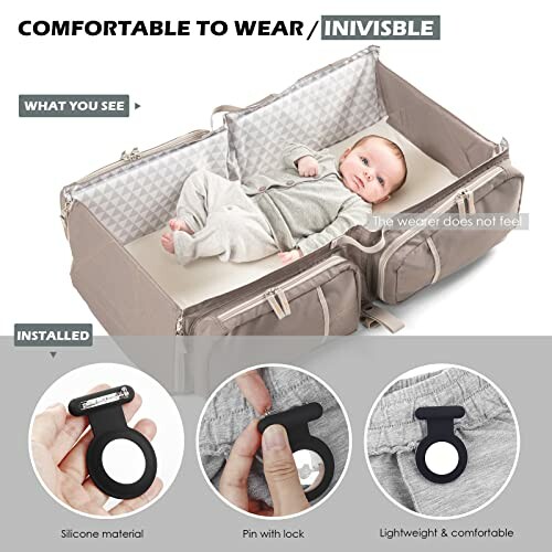 Baby lying in a portable travel bassinet with silicone material and pin with lock features.