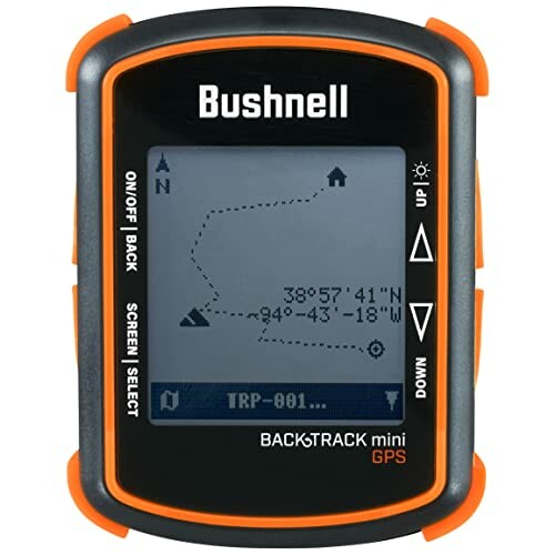 Bushnell BackTrack Mini GPS device with display showing coordinates and navigation path.