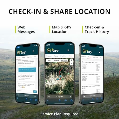 Check-in and share location app display on smartphones with features like web messages, map GPS location, and track history.