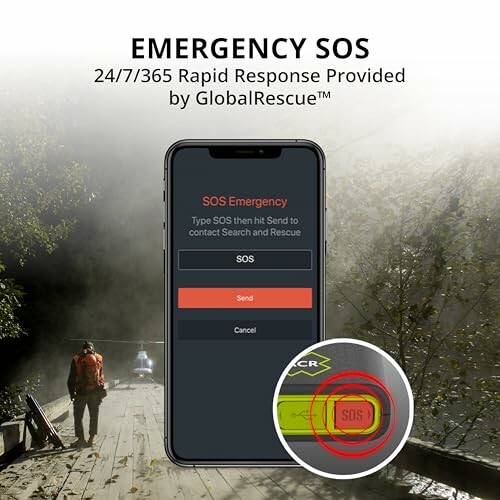 Emergency SOS app interface with forest rescue scene.