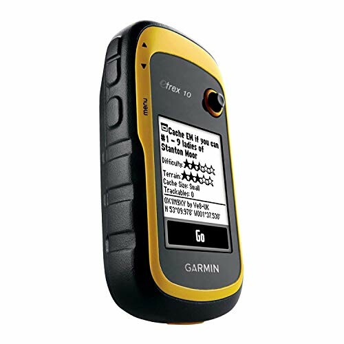 Garmin eTrex 10 handheld GPS device with geocaching screen.
