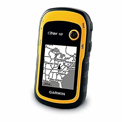 Garmin eTrex 10 handheld GPS device with map display.