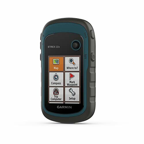 Garmin eTrex 22x handheld GPS device with screen displaying menu options.