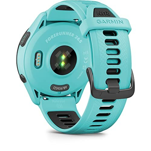 Turquoise Garmin Forerunner 265 smartwatch rear view.