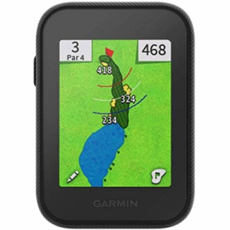 Garmin golf GPS device displaying hole layout and distance.