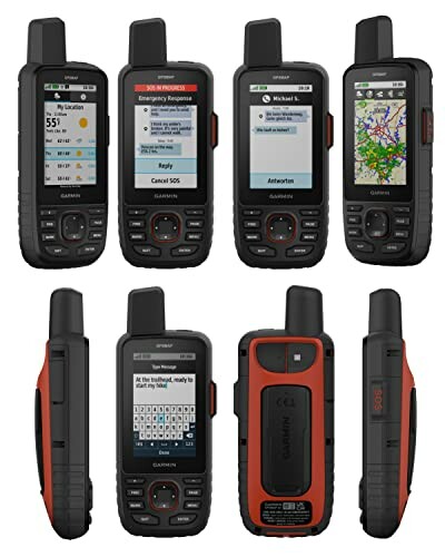Garmin GPS and satellite communicator devices showing screens and features.