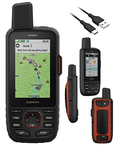 Garmin GPSMAP 67i handheld GPS device with USB cable.