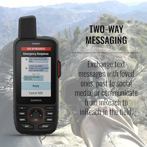 Garmin inReach device with two-way messaging feature in outdoor setting.
