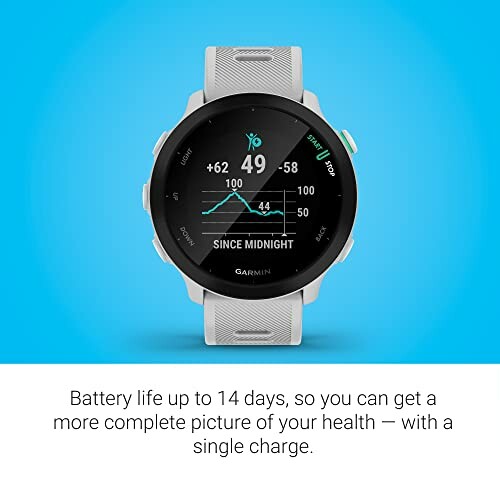 Garmin smartwatch displaying health data with 14-day battery life.