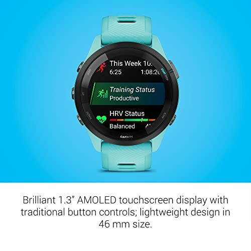 Garmin smartwatch with AMOLED touchscreen and fitness stats.