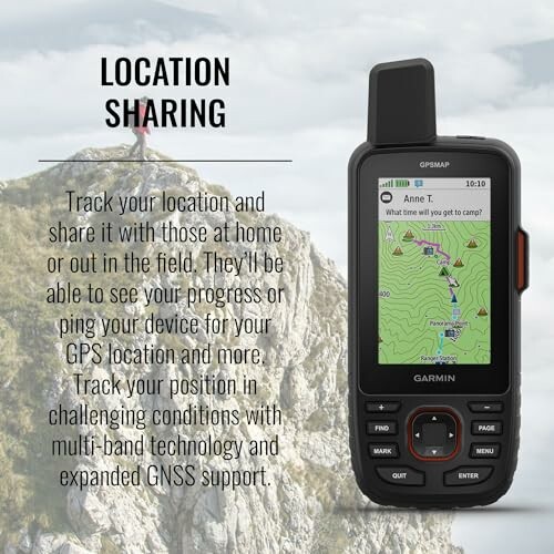 GPS device displaying map and location sharing features.