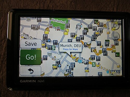 GPS navigation device showing map of Munich, Germany