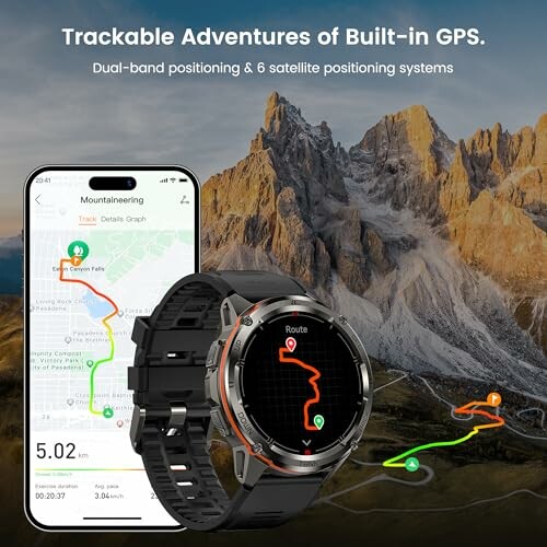 GPS smartwatch displaying mountain trail tracking on phone and watch screen.