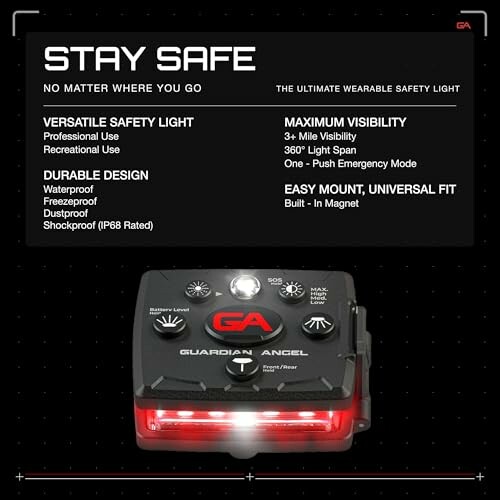 Guardian Angel safety light with features listed: versatile design, maximum visibility, durable design, easy mount.