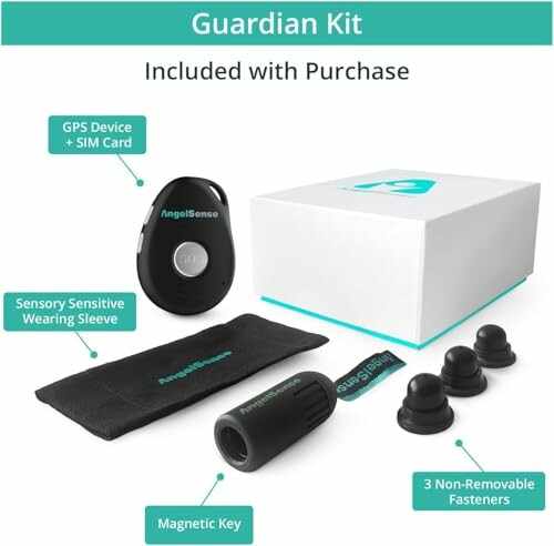 Guardian Kit contents including GPS device, SIM card, wearing sleeve, magnetic key, and fasteners.