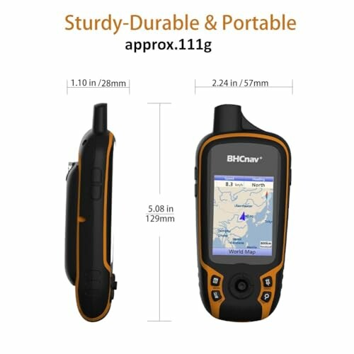 Side and front view of a portable GPS device with dimensions and weight.