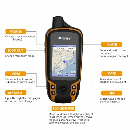 Handheld GPS device with labeled buttons and screen