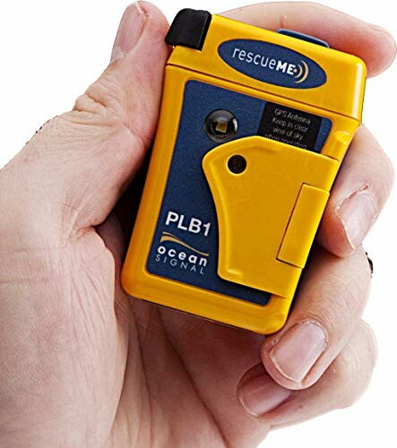 Hand holding a yellow and blue rescueME PLB1 personal locator beacon