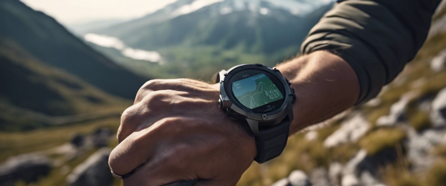 Hiker using a smartwatch for navigation.
