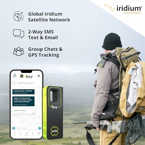 Person with backpack using a satellite communication device for SMS, email, and GPS tracking.