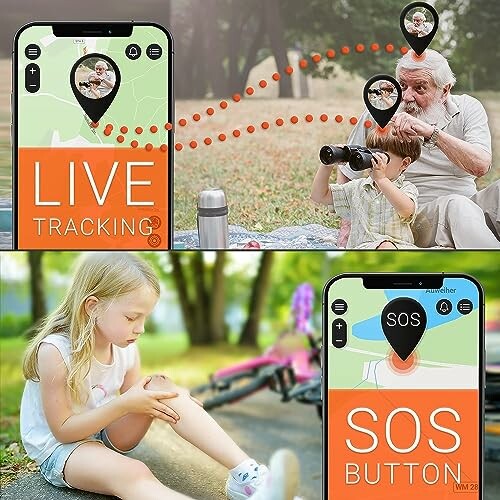 Elderly man and child using live tracking and SOS button features on smartphones.