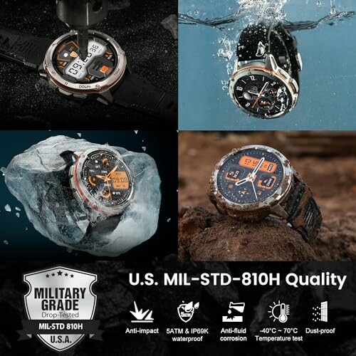 Four images of a military-grade watch showcasing durability and waterproof features.