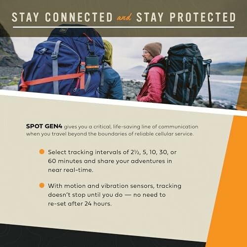 Ad for SPOT Gen4 tracking device with hikers and product features.