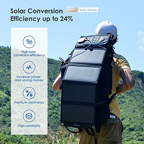 Person outdoors with backpack featuring portable solar panels for high efficiency