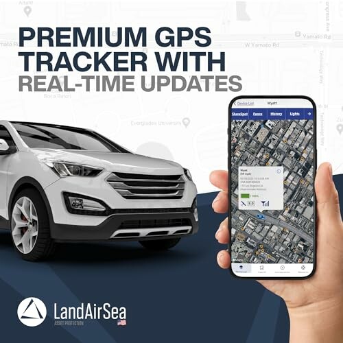 Hand holding phone with GPS app, car in background, map on screen.