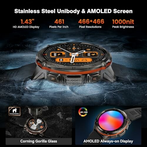Rugged smartwatch with stainless steel unibody, AMOLED screen, and high brightness display.