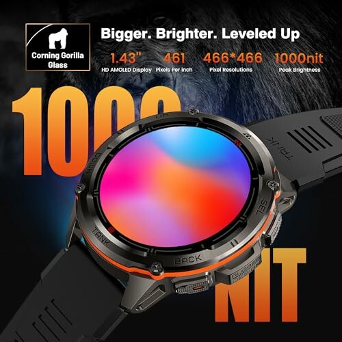 Smartwatch with HD AMOLED display and 1000nit brightness.