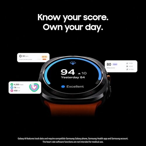 Smartwatch showing heart rate and fitness metrics.
