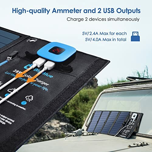 Portable solar charger with ammeter and two USB outputs on a car hood