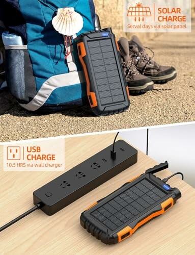 Solar power bank charging via solar panel and USB.