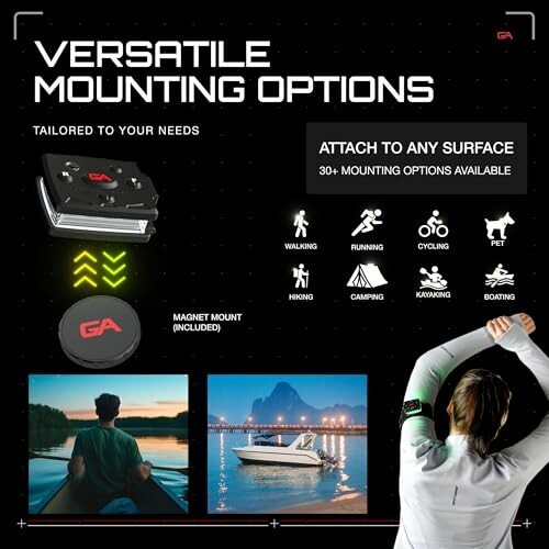 Image showcasing versatile mounting options, with magnet mount and activities like walking, running, cycling, and boating.